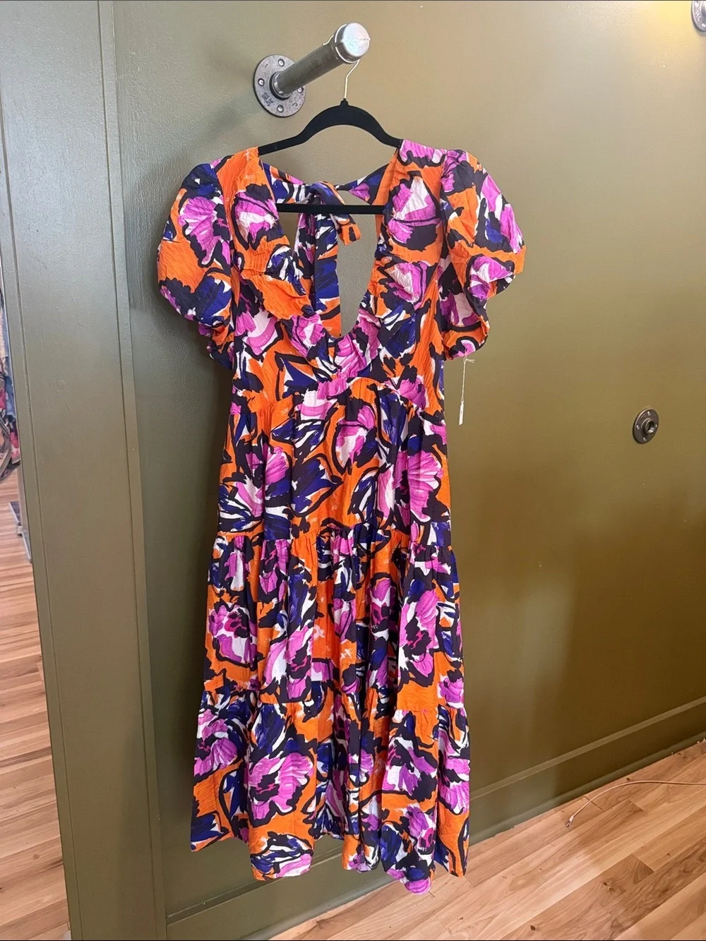 Anthropologie Orange Floral Puff-Sleeve Midi Dress with Pink & Purple Accents